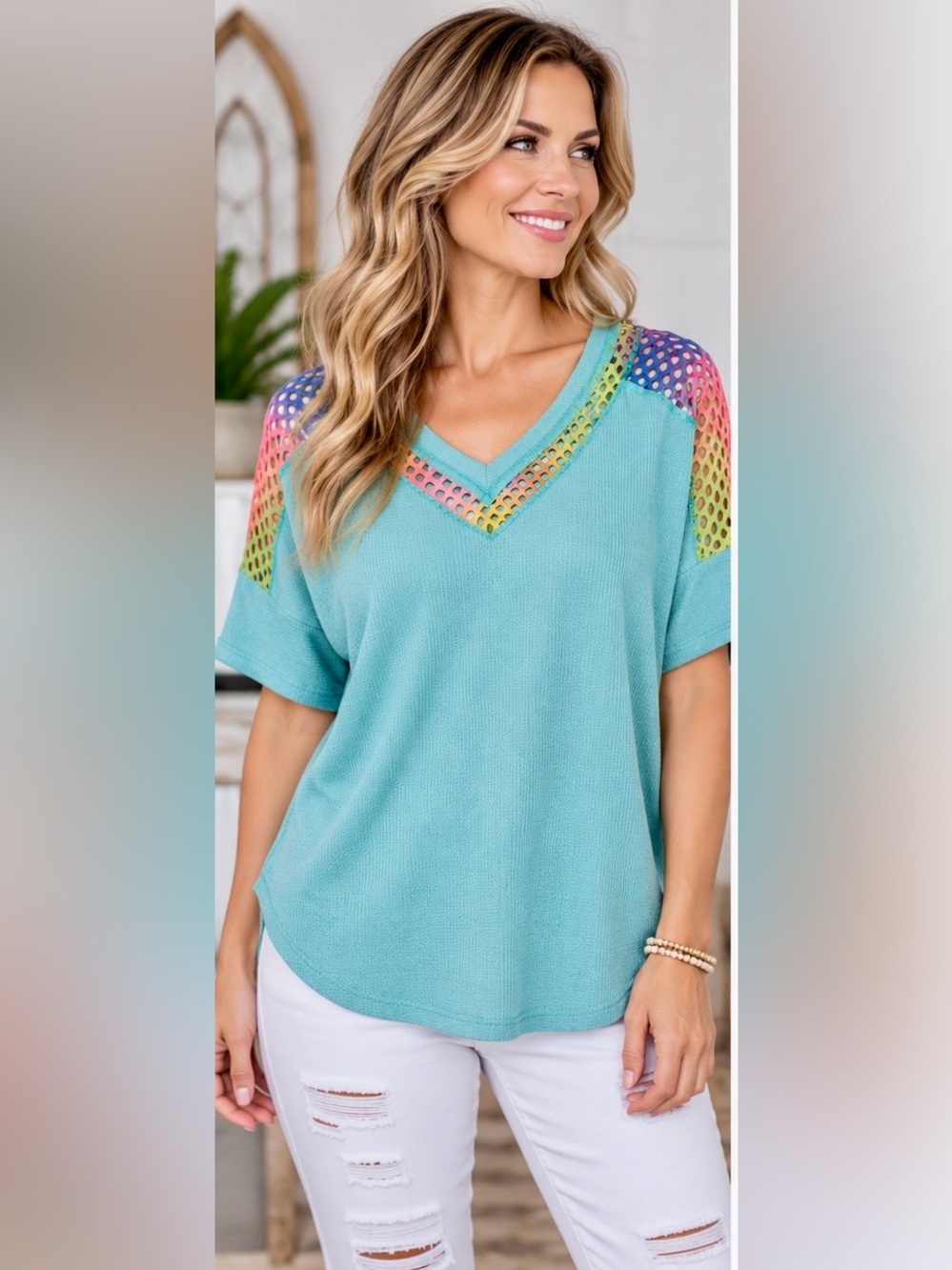 white birch Teal V-Neck Short Sleeve Top with Tie Dye Accents NWOT